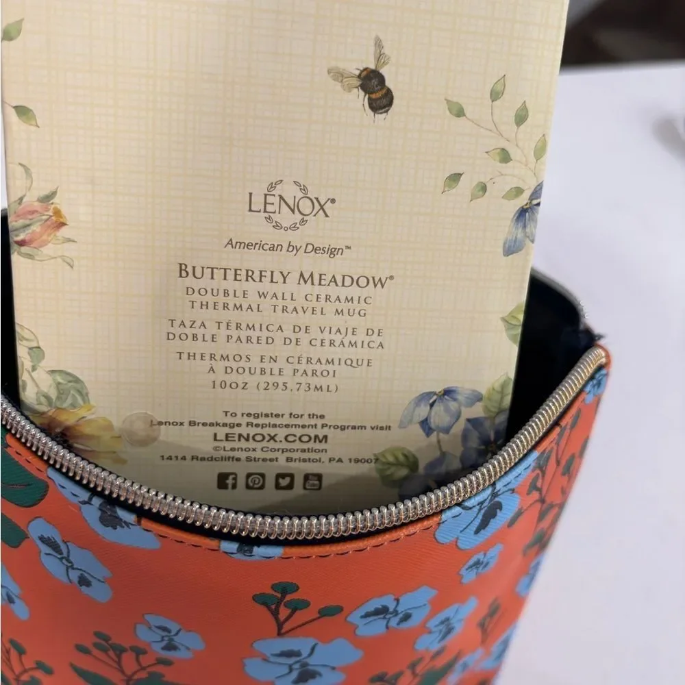 GLAM PACK!! Orange and Blue Floral Cosmetic Bag with Lenox Butterfly Meadow Mug